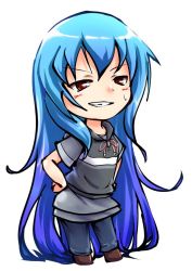 Rule 34 | 1girl, absurdly long hair, alternate costume, bad id, bad twitter id, blue hair, chibi, clenched teeth, contemporary, cropped legs, deformed, evil grin, evil smile, eyebrows, grin, hands on own hips, hinanawi tenshi, koro (cookie), long hair, parted lips, red eyes, simple background, smile, solo, sweat, teeth, touhou, very long hair, white background