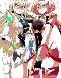 Rule 34 | 1boy, 2girls, absurdres, between breasts, blush, breasts, clenched teeth, closed mouth, earrings, flat color, gem, haho, hair ornament, headpiece, highres, jewelry, large breasts, long hair, multiple girls, mythra (xenoblade), nervous, nintendo, nipples, open mouth, pyra (xenoblade), rex (xenoblade), shirt, shy, simple background, swept bangs, teeth, thigh strap, tiara, tsundere, very long hair, white background, xenoblade chronicles (series), xenoblade chronicles 2