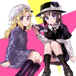 Rule 34 | 2girls, alternate eye color, anarogumaaa, bad id, bad twitter id, black capelet, black footwear, black hat, black neckwear, black skirt, black socks, blonde hair, blue eyes, blush, book, boots, bow, brown hair, capelet, dress, expressionless, fedora, fingernails, from side, gradient eyes, hair bow, hat, hat bow, holding, holding book, kneehighs, long hair, long sleeves, looking at viewer, looking to the side, maribel hearn, mob cap, multicolored background, multicolored eyes, multiple girls, nail polish, necktie, panties, pantyshot, parted bangs, pink background, pink nails, purple dress, purple eyes, purple footwear, shiny clothes, shoes, short hair, single sidelock, sitting, skirt, smile, socks, thighs, touhou, underwear, usami renko, white panties, yellow background