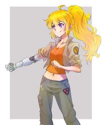 Rule 34 | 1girl, ahoge, automail, blonde hair, cargo pants, clenched hands, collarbone, cyborg, female focus, iesupa, jacket, long hair, mechanical arms, midriff, navel, pants, ponytail, prosthesis, prosthetic arm, purple eyes, rwby, single mechanical arm, sleeves rolled up, smile, solo, spoilers, yang xiao long