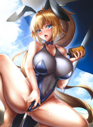 Rule 34 | 1girl, absurdres, animal ears, bad id, bad pixiv id, bare arms, bare legs, bare shoulders, barefoot, beach umbrella, blonde hair, blue bow, blue bowtie, blue choker, blue eyes, blue leotard, blue one-piece swimsuit, blue sky, blush, bottle, bow, bowtie, breasts, cameltoe, choker, cleavage, cloud, cloudy sky, collarbone, commentary request, condensation, covered navel, day, eyelashes, fake animal ears, fate/grand order, fate (series), fingernails, hair between eyes, head tilt, highleg, highleg leotard, highleg swimsuit, highres, holding, holding bottle, jeanne d&#039;arc (fate), jeanne d&#039;arc (ruler) (fate), large breasts, leotard, long hair, looking at viewer, lotion, lotion bottle, nail polish, one-piece swimsuit, open mouth, outdoors, pink nails, playboy bunny, ponytail, rabbit ears, rabbit tail, rai (newtype xm-x1), see-through, sidelocks, skin tight, sky, smile, solo, spread legs, squatting, strapless, strapless leotard, sunscreen, swimsuit, tail, tongue, tongue out, umbrella, very long hair