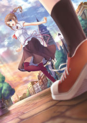 Rule 34 | 1girl, black socks, blue eyes, blurry, brown hair, chobipero, cloud, depth of field, dutch angle, from below, hair ribbon, highres, lamppost, looking back, open mouth, original, outdoors, ponytail, ribbon, road, sett, shoes, skirt, sky, smile, sneakers, socks, solo focus, street, thighhighs, town