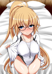 Rule 34 | 1girl, bed, black-framed eyewear, blonde hair, blue eyes, blush, commentary request, competition swimsuit, fate/grand order, fate (series), full-face blush, glasses, highres, holding, holding clothes, holding jacket, jacket, jeanne d&#039;arc (fate), jeanne d&#039;arc (ruler) (fate), jeanne d&#039;arc (swimsuit archer) (fate), jeanne d&#039;arc (swimsuit archer) (second ascension) (fate), long hair, looking at viewer, on bed, one-piece swimsuit, open clothes, open jacket, pillow, ponytail, semi-rimless eyewear, sitting, smile, solo, suiruu (yuriusu), sweatdrop, swimsuit, thigh gap, under-rim eyewear, very long hair, whistle, whistle around neck