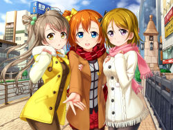 Rule 34 | 10s, 3girls, blonde hair, blue eyes, blue sky, blush, bow, brown dress, brown hair, building, cloud, coat, day, dress, fence, grey hair, hair bobbles, hair bow, hair ornament, highres, koizumi hanayo, kosaka honoka, long hair, long sleeves, looking at viewer, love live!, love live! school idol project, minami kotori, multiple girls, one side up, open clothes, open coat, open mouth, outdoors, pantyhose, pavement, printemps (love live!), purple eyes, real world location, road, scarf, shirt, simple background, skirt, sky, smile, standing, street, tucana, white background, winter clothes, yellow eyes