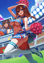 Rule 34 | 1girl, :d, alternate costume, arm up, blue eyes, blue shirt, blue skirt, blue sky, breasts, brown hair, cheerleader, commentary request, confetti, crop top, crowd, day, go-toubun no hanayome, hair between eyes, highres, hiyoku, holding, holding pom poms, large breasts, long bangs, long hair, looking at viewer, low-tied long hair, midriff, nakano miku, navel, open mouth, outdoors, pleated skirt, pom pom (cheerleading), pom poms, print shirt, screen, shirt, skirt, sky, sleeveless, sleeveless shirt, smile, solo focus, stadium, stadium lights, standing, standing on one leg, stomach, sweat, thighhighs, underboob, white footwear, white thighhighs