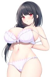 Rule 34 | 1girl, :o, areola slip, arms behind back, black hair, blush, bra, breasts, from below, large breasts, looking at viewer, miko (royal milk), navel, open mouth, original, panties, purple bra, purple panties, red eyes, simple background, solo, stomach, underwear, white background