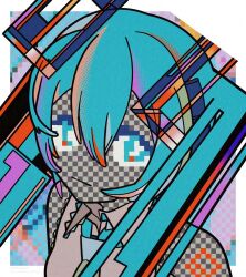 Rule 34 | 1girl, abstract, aqua eyes, aqua hair, bare shoulders, border, check commentary, closed mouth, collared shirt, commentary, commentary request, fake transparency, glaze artifacts, greek commentary, grey shirt, hair between eyes, hair ornament, halftone, hatsune miku, highres, long hair, looking at viewer, machigami yoh, necktie, outside border, pixelated, portrait, shirt, sleeveless, sleeveless shirt, solo, twintails, vocaloid, white border