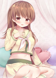 Rule 34 | 10s, 1girl, bad id, bad nicoseiga id, blush, brown eyes, brown hair, frilled pillow, frills, heart, heart-shaped pillow, kantai collection, kneehighs, long hair, long sleeves, looking at viewer, masayo (gin no ame), midriff, neckerchief, ooi (kancolle), open mouth, pillow, pleated skirt, sailor collar, school uniform, serafuku, skirt, smile, socks, solo, white neckerchief, white socks, yellow skirt