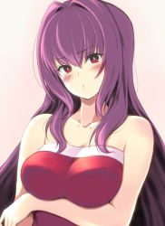 Rule 34 | 1girl, 3yuki, :o, arm under breasts, bare shoulders, beige background, blush, breasts, collarbone, commentary request, covered erect nipples, dress, fate/grand order, fate (series), fur trim, hair intakes, highres, large breasts, long hair, looking at viewer, purple hair, red dress, red eyes, scathach (fate), simple background, strapless, strapless dress, upper body