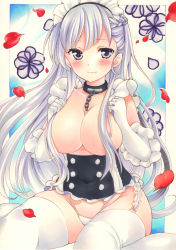 Rule 34 | 1girl, azur lane, belfast (azur lane), blush, braid, breasts, chain, closed mouth, collarbone, elbow gloves, french braid, gloves, groin, hair censor, highres, large breasts, light purple hair, long hair, looking at viewer, maid headdress, marker (medium), panties, petals, purple eyes, saya pr, sitting, smile, solo, straight hair, thighhighs, thighs, topless, traditional media, underwear, very long hair, white gloves, white panties, white thighhighs
