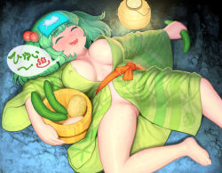 Rule 34 | 1girl, alternate costume, areola slip, barefoot, blunt bangs, blush, breasts, closed eyes, collarbone, commentary request, covered erect nipples, cucumber, food, foot out of frame, green hair, green kimono, grin, groin, hair bobbles, hair ornament, holding, holding food, japanese clothes, kawashiro nitori, kimono, lantern, large breasts, long sleeves, lying, medium hair, moomin, moomintroll, no bra, no panties, obi, on back, onsen, open clothes, open kimono, open mouth, orange sash, sash, smile, speech bubble, sweat, thighs, touhou, towel, towel on head, two side up, yonaki, yukata
