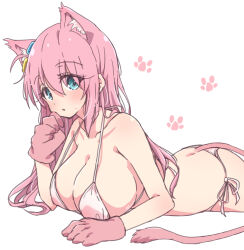 Rule 34 | 1girl, animal ear fluff, animal ears, animal hands, ass, bare arms, bare legs, bare shoulders, bikini, blue eyes, bocchi the rock!, breasts, cat ears, cat paws, cat tail, cleavage, collarbone, cube hair ornament, extra ears, gloves, gotoh hitori, hair between eyes, hair ornament, highres, large breasts, long hair, mel (melty pot), one side up, parted lips, paw gloves, pink gloves, pink hair, simple background, solo, swimsuit, tail, white background, white bikini