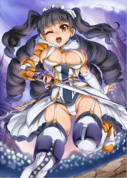 Rule 34 | 1girl, armor, bikini, black hair, boots, breasts, bridal gauntlets, brown eyes, cleavage, corsage, corset, drill hair, garter straps, grey hair, hair ornament, hairband, kaku-san-sei million arthur, knee boots, large breasts, long hair, looking at viewer, magukappu, million arthur (series), one-piece swimsuit, one eye closed, open mouth, original, panties, showgirl skirt, solo, swimsuit, sword, thighhighs, two side up, underwear, very long hair, weapon, white bikini, white one-piece swimsuit, white panties, white thighhighs, wink