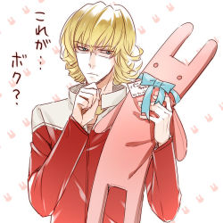 Rule 34 | 10s, 1boy, barnaby brooks jr., blonde hair, chocobun, glasses, green eyes, jacket, jewelry, male focus, necklace, red jacket, ribbon, solo, stuffed animal, stuffed rabbit, stuffed toy, thinking, tiger &amp; bunny, translated, white background