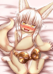 Rule 34 | 1other, :3, alternate costume, animal ears, animal feet, animal hands, barefoot, bed sheet, belt, blush, blush stickers, body fur, brown fur, collarbone, colored eyelashes, cosplay, covering chest, covering privates, embarrassed, fangs, faputa, faputa (cosplay), flying sweatdrops, full body, furry, hand up, highres, horizontal pupils, horokusa (korai), knees together feet apart, long hair, made in abyss, naked belt, nanachi (made in abyss), nervous smile, nose blush, open mouth, other focus, pink background, sidelocks, sitting, smile, solo, sweat, tail, tears, topless, two-tone fur, wariza, whiskers, white hair, wide hips, yellow eyes