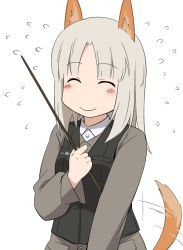 Rule 34 | 1girl, animal ears, blush, brave witches, edytha rossmann, closed eyes, flying sweatdrops, fox ears, fox tail, grey hair, military, military uniform, nichijou, parody, pointer, short hair, smile, solo, strike witches, style parody, sweatdrop, tail, tail wagging, uniform, vest, world witches series, youkan