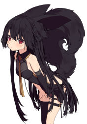 Rule 34 | 1girl, animal ear fluff, animal ears, asymmetrical legwear, bare shoulders, black dress, black gloves, black hair, black thighhighs, blush, breasts, brown neckwear, cleavage, closed mouth, collared dress, commentary request, dress, elbow gloves, gloves, hair between eyes, hair flowing over, hands on legs, highres, leaning forward, long hair, looking at viewer, original, partially fingerless gloves, paryi, red eyes, see-through, see-through cleavage, single elbow glove, single thighhigh, sleeveless, sleeveless dress, small breasts, solo, tail raised, thigh strap, thighhighs, uneven legwear, very long hair, zettai ryouiki