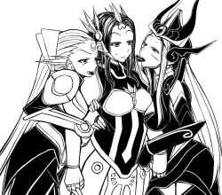 Rule 34 | 3girls, armor, breasts, chocolate, cleavage, diana (league of legends), ear protection, forehead protector, greyscale, helmet, highres, hug, league of legends, leona (league of legends), long hair, monochrome, multiple girls, oldlim, syndra, valentine