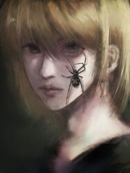 Rule 34 | 1other, androgynous, black widow (spider), blonde hair, bug, cornchiva, expressionless, highres, hunter x hunter, kurapika, looking at viewer, portrait, short hair, solo, spider, upper body