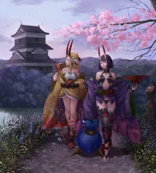 Rule 34 | absurdres, barefoot sandals (jewelry), bob cut, breasts, breasts apart, commentary request, cup, facial mark, fate/grand order, fate (series), fingernails, forehead mark, highres, horns, ibaraki douji (fate), japanese clothes, kimono, looking to the side, nagi (xx001122), oni, open clothes, open kimono, outdoors, purple eyes, purple hair, purple kimono, revealing clothes, sakazuki, sharp fingernails, short hair, shuten douji (fate), skin-covered horns, sword, tattoo, walking, weapon, yellow eyes, yellow kimono