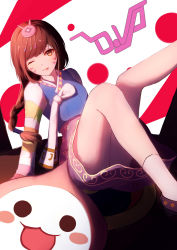 Rule 34 | 1girl, ;p, absurdres, alternate hairstyle, breasts, brown eyes, brown hair, character name, d.va (overwatch), emblem, facepaint, facial mark, hair ornament, hanbok, highres, knees together feet apart, korean clothes, leaning back, legs, light smile, long hair, long sleeves, looking at viewer, official alternate costume, one eye closed, overwatch, overwatch 1, pachimari, palanquin d.va, pink skirt, rabbit hair ornament, shy (953416992), simple background, sitting, skirt, small breasts, socks, solo, striped, striped sleeves, stuffed animal, stuffed octopus, stuffed toy, swept bangs, tongue, tongue out, upskirt, whisker markings, white background, white socks