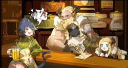 Rule 34 | 1boy, 2girls, alcohol, animal ears, apron, arknights, bar (place), beer mug, blue hair, cameo, cat ears, cat girl, cat tail, colored inner hair, cup, drunk, franka (arknights), green sweater, highres, horns, jessica (arknights), liskarm (arknights), mug, multicolored hair, multiple girls, open mouth, original, pink hair, shinnasuka025, sitting, spoken character, squeans, sweater, tail, yellow apron