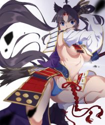 Rule 34 | 1girl, animal ears, areola slip, arm up, armor, armpits, asymmetrical sleeves, bare shoulders, black footwear, black gloves, black hair, black hat, blue eyes, blue panties, breast curtains, breasts, closed mouth, detached sleeves, fate/grand order, fate (series), faulds, gloves, gradient background, grey background, hair rings, hat, highres, holding, holding sword, holding weapon, japanese armor, kneehighs, kusazuri, leg up, long hair, long sleeves, looking at viewer, medium breasts, mismatched sleeves, navel, panties, parted bangs, pom pom (clothes), ponytail, pretty-purin720, red ribbon, revealing clothes, ribbon, serious, socks, solo, stomach, sword, tassel, underwear, ushiwakamaru (fate), very long hair, weapon, white socks
