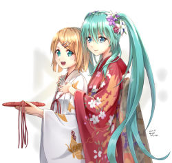 Rule 34 | 2019, 2girls, :d, animal print, blonde hair, blue eyes, blue hair, blue nails, butterfly print, closed mouth, dated, floating hair, floral print, flower, from side, hair between eyes, hair flower, hair ornament, hairclip, hatsune miku, holding, japanese clothes, kagamine rin, kimono, long hair, looking at viewer, multiple girls, nail polish, open mouth, print kimono, purple flower, red flower, red kimono, sarasa (kanbi), short hair, signature, simple background, smile, standing, swept bangs, twitter username, very long hair, vocaloid, white background, white flower, white kimono, yukata
