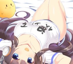 Rule 34 | azur lane, bed, blue eyes, breasts, brown hair, cleavage, commentary request, facing viewer, food in mouth, headphones, kamishiro (rsg10679), large breasts, long island (azur lane), long island (long island - indoor slacker) (azur lane), lying, manjuu (azur lane), shirt, thighs, white shirt