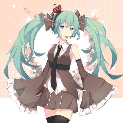 Rule 34 | 1girl, blue eyes, detached sleeves, green hair, hatsune miku, headset, long hair, necktie, skirt, thighhighs, twintails, vic (vedream), vocaloid