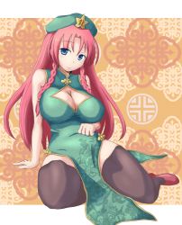 Rule 34 | 1girl, arm support, beret, black thighhighs, blue eyes, breasts, china dress, chinese clothes, cleavage, cleavage cutout, clothing cutout, curvy, dress, green dress, green hat, hand on own stomach, hat, hong meiling, large breasts, light smile, long hair, looking at viewer, nekomaranai, outside border, red hair, side slit, sitting, solo, star (symbol), thighhighs, touhou, wariza