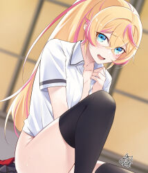 Rule 34 | 1girl, akira miku ver, between legs, black thighhighs, blonde hair, blue eyes, blurry, blurry background, bottomless, collarbone, collared shirt, commission, dress shirt, hand between legs, highres, long hair, looking at viewer, multicolored hair, naked shirt, open clothes, open mouth, open shirt, original, pink hair, ponytail, shirt, sitting, skeb commission, solo, star-shaped pupils, star (symbol), streaked hair, symbol-shaped pupils, thighhighs, two-tone hair, very long hair, white shirt, wing collar