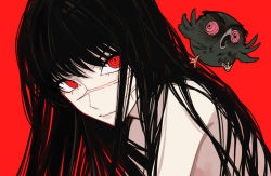 Rule 34 | 1girl, bare shoulders, bird, black hair, chainsaw man, cross scar, highres, long hair, looking at viewer, messy, red background, red eyes, red theme, ringed eyes, sailen0, scar, scar on face, simple background, solo focus, war devil (chainsaw man), yoru (chainsaw man)