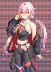 Rule 34 | 1girl, bare shoulders, blush, breasts, cleavage, collarbone, highres, jacket, large breasts, long hair, long sleeves, looking at viewer, navel, off shoulder, original, pink hair, pointy ears, see-through, solar (happymonk), solo, thighs, twintails, yellow eyes