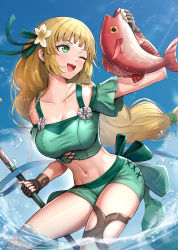 Rule 34 | 1girl, ;d, absurdres, alternate costume, animal, bikini, bikini shorts, black gloves, blonde hair, blue bikini, blue sky, blunt bangs, braid, breasts, cleavage, cloud, collarbone, commentary, day, fingerless gloves, fire emblem, fire emblem: three houses, fire emblem heroes, fish, fishing, from below, gloves, gonzarez, green bikini, green eyes, highres, holding, holding animal, holding fish, ingrid brandl galatea, leaning forward, long hair, medium breasts, navel, nintendo, off-shoulder bikini, off shoulder, one eye closed, open mouth, outdoors, revision, scales, short shorts, short sleeves, shorts, sky, smile, snapper (fish), solo, splashing, stomach, swimsuit, thigh strap, thighs, very long hair, water