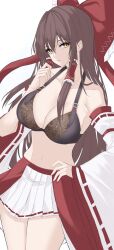 Rule 34 | 1girl, 7saki, absurdres, bare shoulders, black bra, bow, bra, breasts, brown hair, detached sleeves, hair bow, hair tubes, hakurei reimu, hand on own hip, highres, large breasts, long hair, looking at viewer, navel, plaid, plaid skirt, red bow, ribbon-trimmed sleeves, ribbon trim, simple background, skirt, solo, touhou, underwear, white skirt, yellow eyes