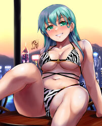 Rule 34 | 1girl, absurdres, animal print, aqua hair, artist logo, bikini, cityscape, commentary request, feet out of frame, green eyes, hair ornament, hairclip, highres, kantai collection, long hair, mountain, naughty face, parted lips, scenery, sitting, smile, solo, sunset, suzuya (kancolle), swimsuit, table, tiger print, white bikini, yellow quokka