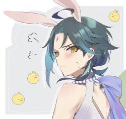 Rule 34 | 1boy, puff of air, ahoge, animal ears, aqua hair, back, bead necklace, beads, bird, blush, rabbit ears, chick, closed mouth, facial mark, genshin impact, green hair, gumilkx, head tilt, highres, jewelry, male focus, multicolored hair, necklace, simple background, solo, sweat, upp, upper body, xiao (genshin impact), yellow eyes