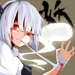 Rule 34 | 1girl, bandaged hand, bandages, black ribbon, blood, blood on face, blunt bangs, brown background, commentary request, hair ribbon, konpaku youmu, konpaku youmu (ghost), looking at viewer, mouth hold, puffy short sleeves, puffy sleeves, red eyes, ribbon, short hair, short sleeves, silver hair, solo, touhou, uneven eyes, upper body, yamato (muchuu paradigm)