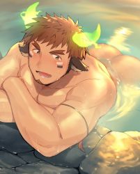 Rule 34 | 1boy, animal ears, ass, bara, blush, brown eyes, brown hair, completely nude, crossed arms, facial hair, fiery horns, forked eyebrows, glowing horns, horns, hozu (hozumi), large pectorals, looking at viewer, male focus, muscular, native american, nude, onsen, open mouth, pectorals, smile, solo, sweat, thick eyebrows, tokyo houkago summoners, upper body, wakan tanka, water