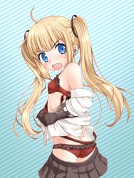 Rule 34 | 1girl, ahoge, amazon (azur lane), ass, azur lane, black gloves, black skirt, blonde hair, blue eyes, bra, breasts, butt crack, clothes pull, earplugs, from side, gloves, highres, kumaneko rococo, long hair, looking at viewer, looking back, miniskirt, open clothes, open mouth, open shirt, panties, red bra, red panties, shirt, skirt, skirt down, small breasts, solo, surprised, twintails, unbuttoned, underwear, undressing, white shirt