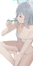 Rule 34 | 1girl, animal ear fluff, animal ears, blue archive, blue hair, blue halo, bra, breasts, grey hair, halo, highres, hiroki (yyqw7151), navel, panties, shiroko (blue archive), simple background, sitting, small breasts, solo, toothbrush in mouth, underwear, underwear only, white background, white bra, white panties
