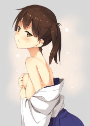 Rule 34 | 10s, 1girl, bad id, bad nicoseiga id, bare shoulders, breasts, brown hair, covering privates, covering breasts, highres, japanese clothes, kaga (kancolle), kantai collection, kinta (distortion), looking at viewer, off shoulder, personification, profile, short hair, side ponytail, solo, undressing