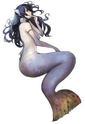 Rule 34 | 1girl, armlet, bad id, bad twitter id, blue eyes, blue hair, fins, hand on own chin, long hair, looking at viewer, looking to the side, lying, mermaid, monster girl, on side, profile, pupps, scales, simple background, solo, topless, wavy hair, white background