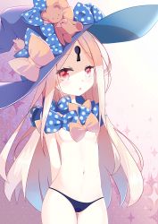 Rule 34 | 1girl, :o, abigail williams (fate), abigail williams (second ascension) (fate), absurdres, black bow, black hat, black panties, blonde hair, blush, bow, breasts, cowboy shot, fate/grand order, fate (series), gluteal fold, hat, hat bow, highres, keyhole, long hair, looking at viewer, nan (n nan), navel, orange bow, panties, parted bangs, parted lips, red eyes, small breasts, solo, sparkle background, stuffed animal, stuffed toy, teddy bear, tilted headwear, topless, underwear, very long hair, witch hat