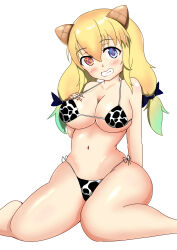 1girl ass bikini blue_eyes breasts cow_print cow_print_bikini grabbing_own_breast grin large_breasts muramasa_(senran_kagura) navel print_bikini red_eyes senran_kagura senran_kagura_new_wave sitting smile solo suruga75 swimsuit teeth wariza white_background