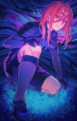 Rule 34 | 1boy, black gloves, black shorts, blue footwear, blue lock, blue shirt, blue socks, chigiri hyoma, commentary, full body, gloves, grass, highres, kshima mo369, long hair, long sleeves, looking at viewer, male focus, on one knee, purple background, red eyes, red hair, shirt, shoes, shorts, soccer uniform, socks, solo, sportswear, sweat