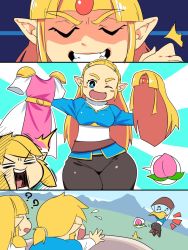 Rule 34 | 1boy, 2girls, ?, ass, blonde hair, blue eyes, blush stickers, breasts, bright pupils, circlet, commentary request, curvy, dress, food, forehead, fruit, grin, highres, huge ass, link, long hair, medium breasts, multiple girls, musical note, nintendo, one eye closed, peach, pointy ears, princess zelda, smile, squarewave, surprised, the legend of zelda, the legend of zelda: breath of the wild, thick thighs, thighs, wide hips, wig