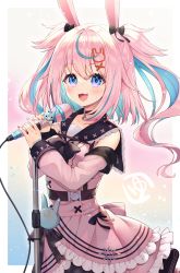 Rule 34 | 1girl, animal ears, blue hair, blush, colored inner hair, crescent choker, detached sleeves, fang, hair ornament, highres, indie virtual youtuber, looking at viewer, microphone, mitsuki shio, multicolored hair, open mouth, pink hair, rabbit ears, rabbit hair ornament, short hair, solo, streaked hair, two-tone hair, two side up, virtual youtuber, yatsuki yura