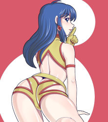 Rule 34 | 1980s (style), 1girl, ass, blue eyes, blue hair, butt crack, caryo, dirty pair, earrings, finger to mouth, from behind, jewelry, long hair, lowres, matching hair/eyes, nanashino, oldschool, retro artstyle, simple background, solo, yuri (dirty pair)